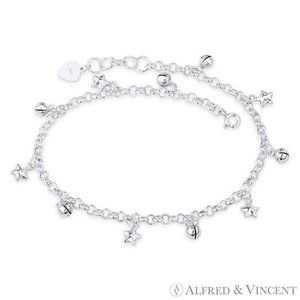 Star, Ringing Balls, & Rolo Chain Charm Anklet in .925 Sterling Silver - 10"